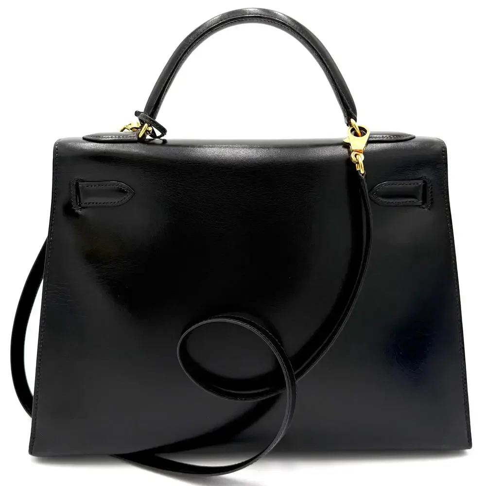 Kelly 32 Black Sellier Box Leather Bag with Gold Hardware